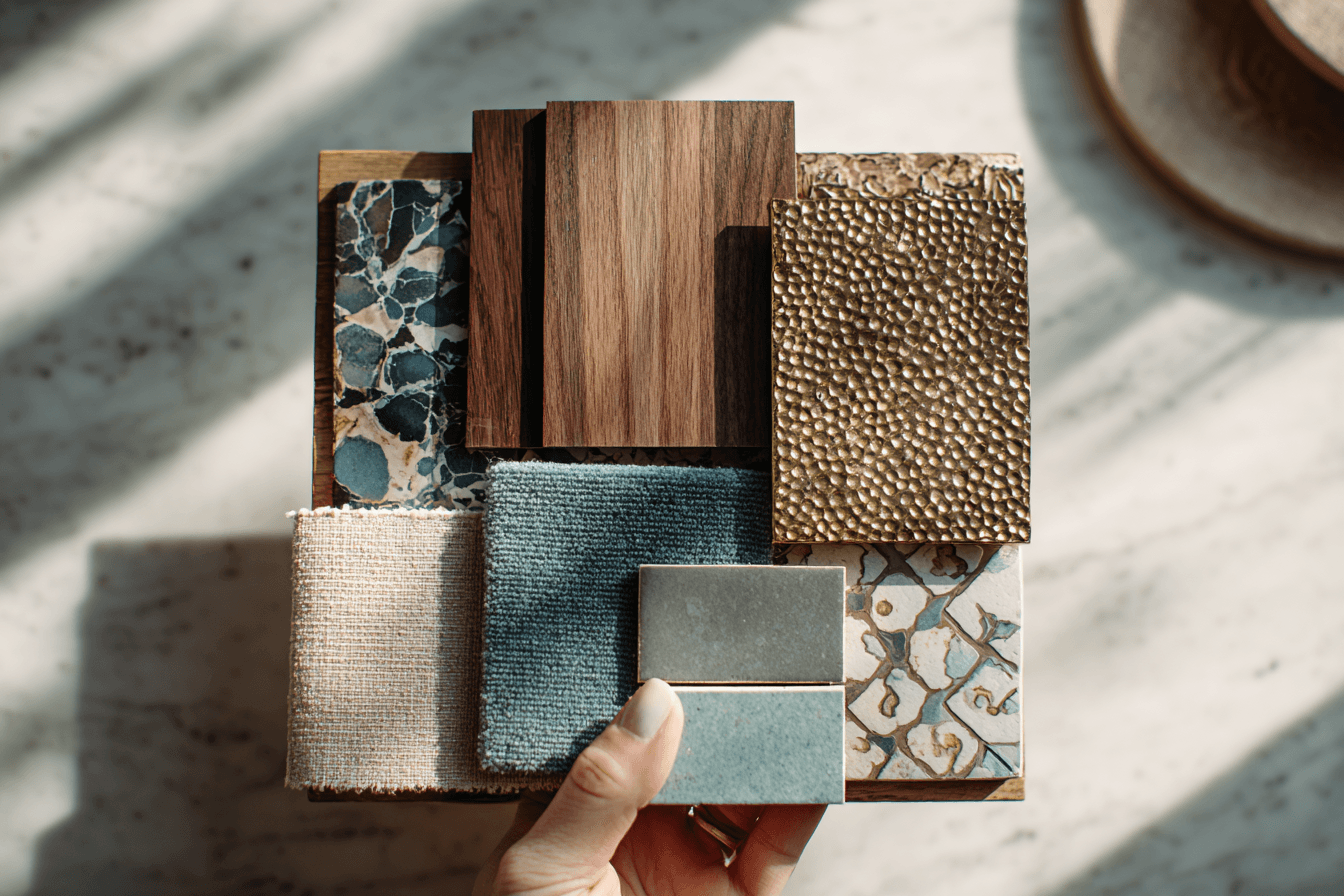 A close-up of a designer’s hand holding a richly layered material board with walnut wood, hammered brass, patterned tile, and textured fabrics - a signature LMID style combination.