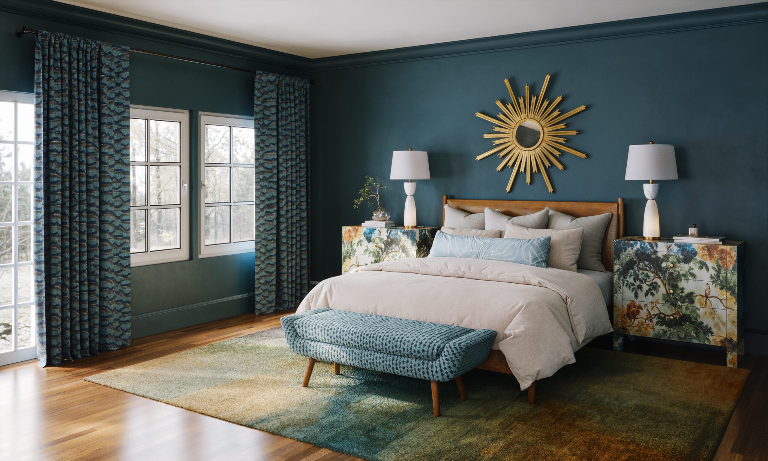 Primary bedroom with deep teal walls, warm wood bed, layered neutral bedding, and a colorful quiet luxury palette.