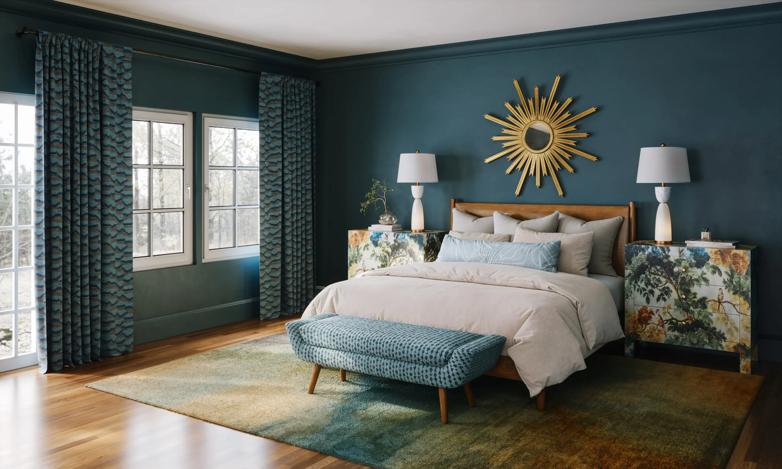 Primary bedroom with deep teal walls, warm wood bed, layered neutral bedding, and a colorful quiet luxury palette.