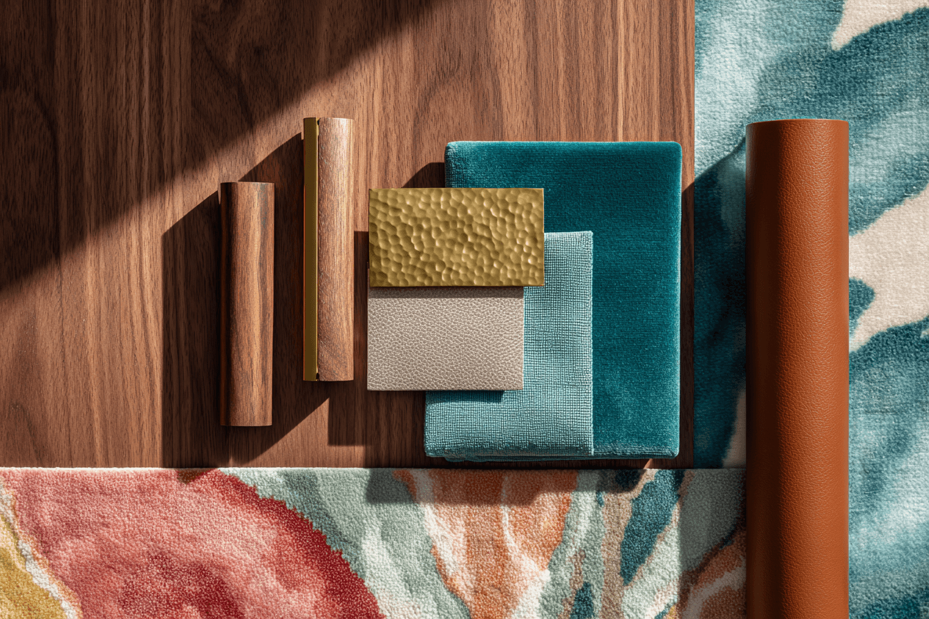 Interior design materials flatlay with teal and blue-green fabrics, warm wood, brass accents, textured neutrals, and a colorful quiet luxury palette.