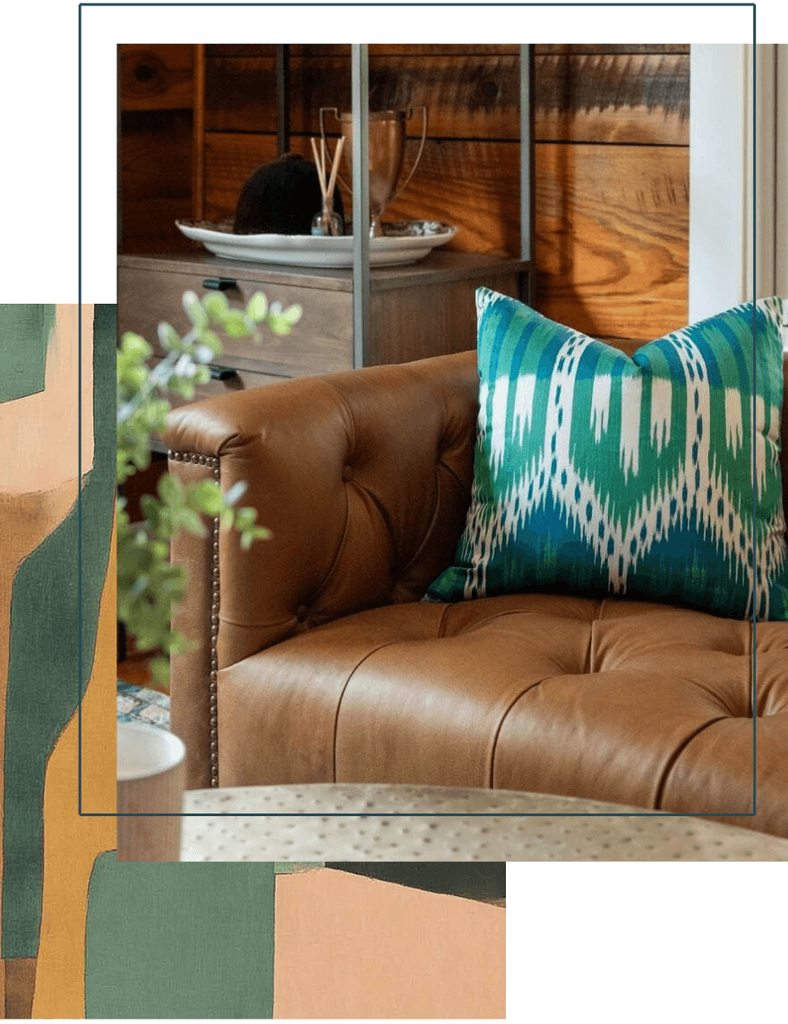 forever-home-by-lesley-myrick-leather-sofa-green-ikat-pillow