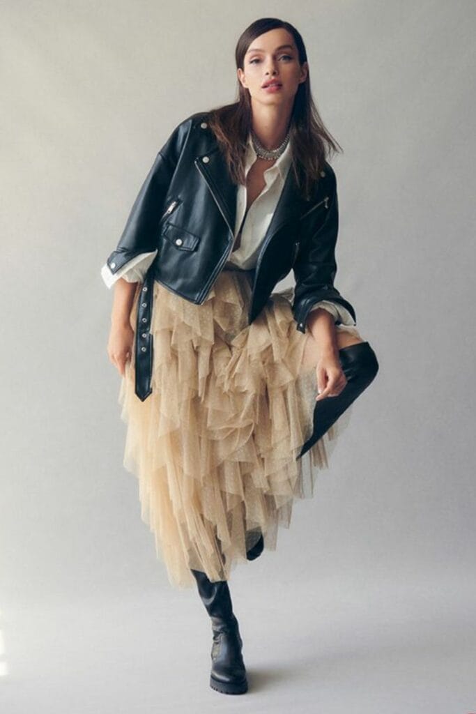 Anthropologie tulle skirt with an edgy leather jacket