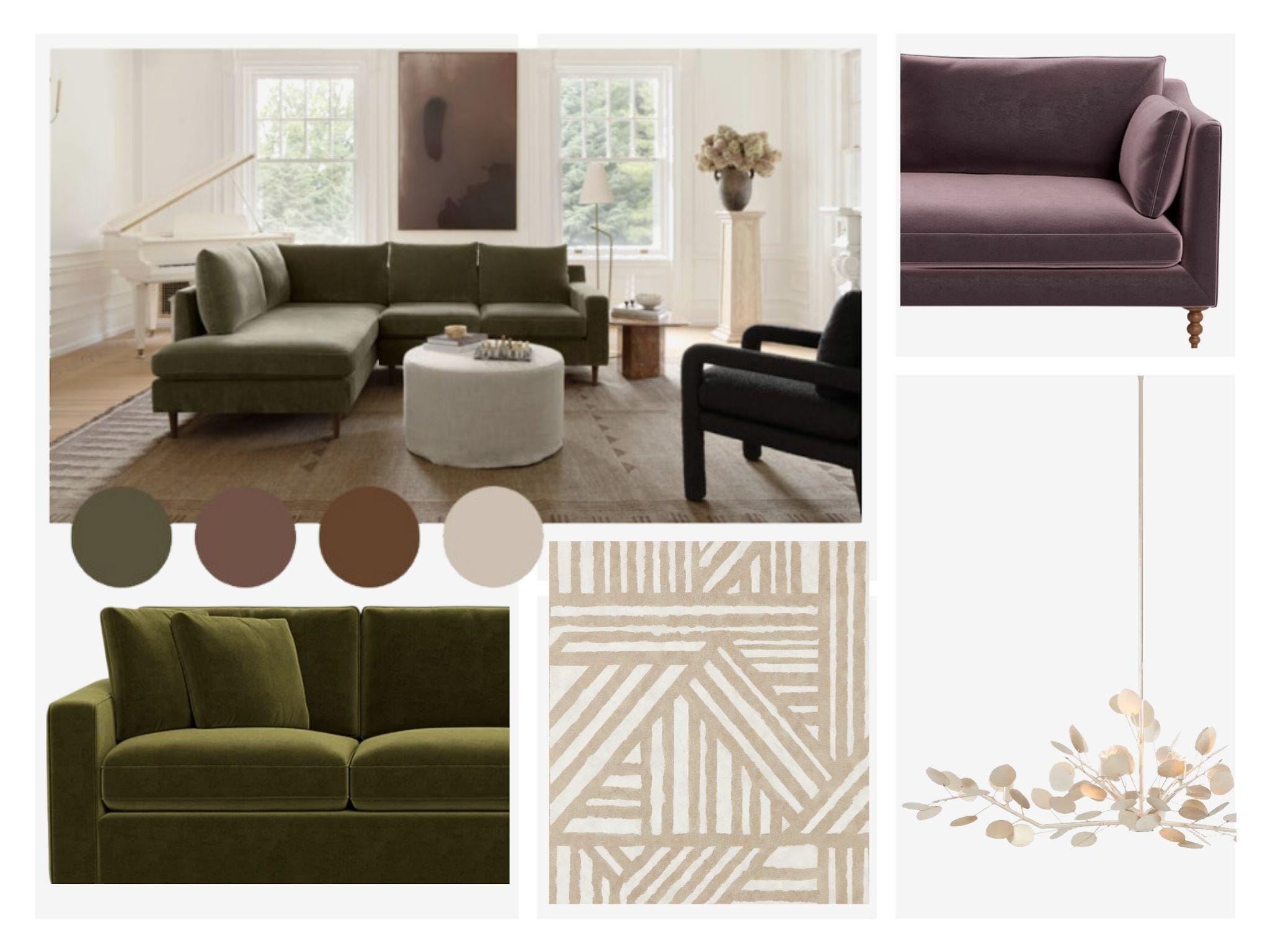 This moodboard with a plum velvet sofa, an olive green sofa, neutral patterned wallpaper, and an organic modern leaf chandelier was created by Lesley Myrick during a 2-hour interior design consultation called a Design Strategy Session.