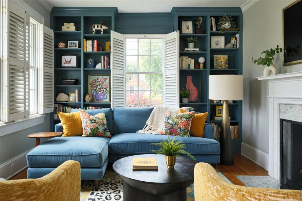 Colorful, cozy living room in Macon with blue bookshelves designed by Lesley Myrick