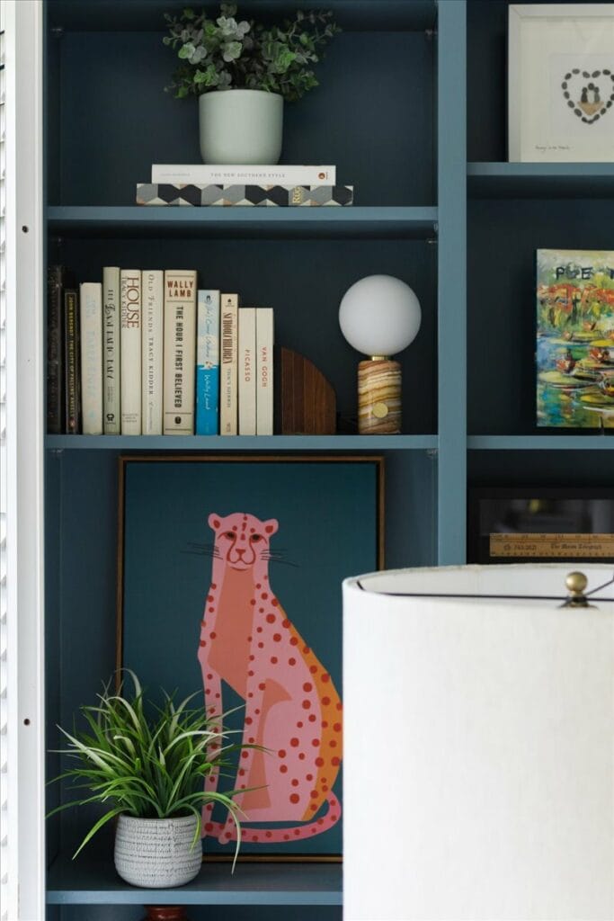 A styled built-in bookcase by Interior Designer Lesley Myrick in Macon, Georgia.