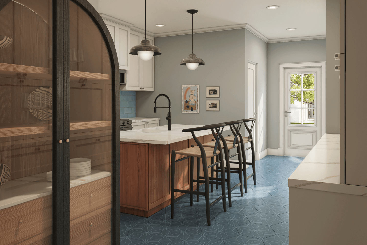 A rendering is essential so you can renovate your home without the stress. A photorealistic 3D rendering of a kitchen renovation showing a walnut island with wishbone counter stools, black pendant lights, blue geometric tile floor, and an arched black display cabinet