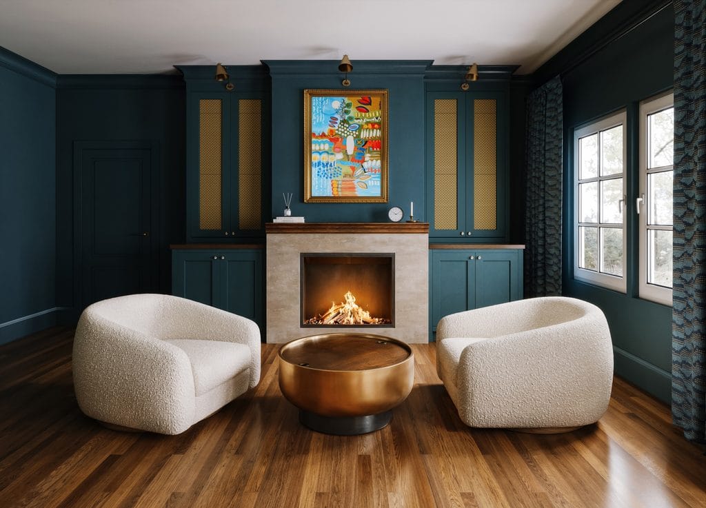 Design rendering of a primary bedroom with navy Sherwin-Williams Dark Night walls and matching built-in cabinetry