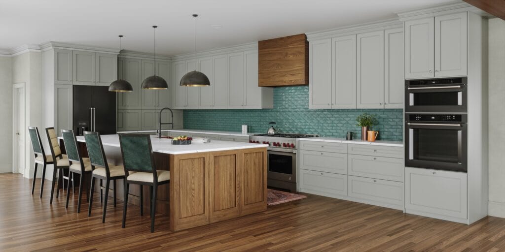 Design rendering of a kitchen with soft gray-green shaker cabinets, a teal dimensional tile backsplash, a wood range hood, and a wood-paneled island with five counter stools under three dark dome pendants