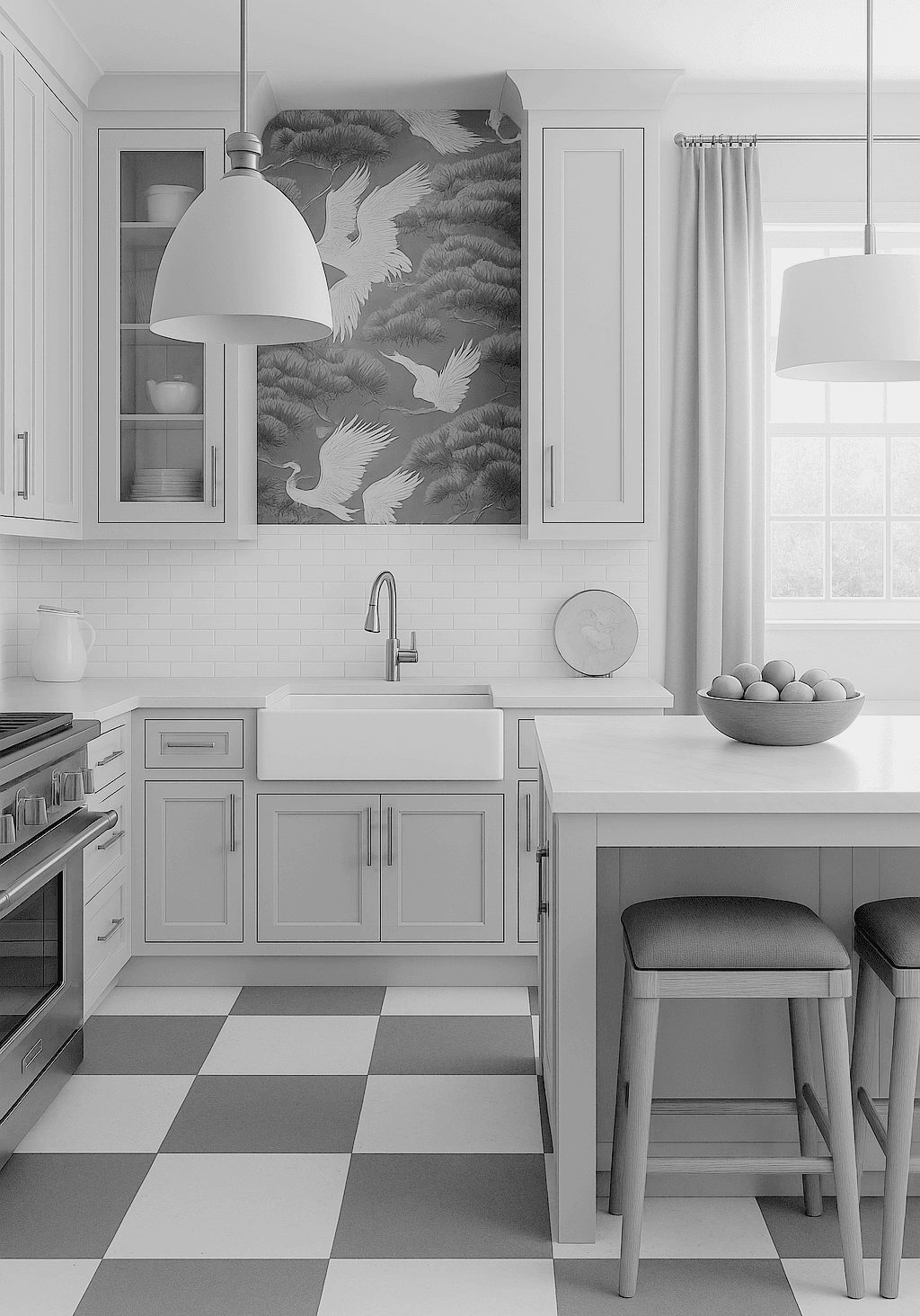 Turquoise Kitchen with Crane Wallpaper - Edited